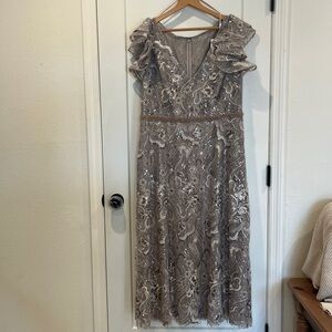 NWT Mac Duggal - Beaded Floral Ruffle Sleeve A-line Midi Dress